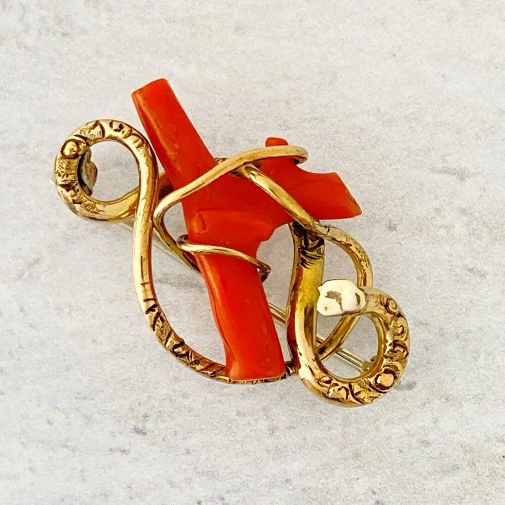 Antique Victorian Coral Branch Brooch In Gold Filled Snake Form Nice 1.5